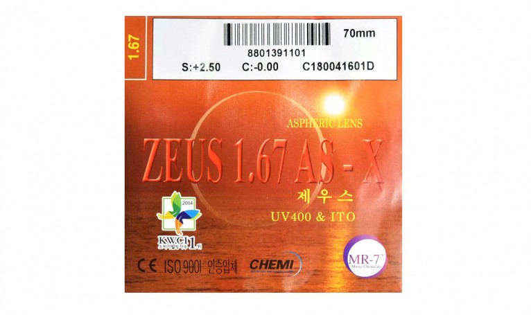 Полимерная асферическая линза ZEUS UV400I AS-X Ind. 1,67 Ø65 (+11,0 / +16,0)